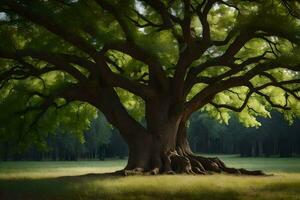 un grande árbol en el medio de un campo. generado por ai foto