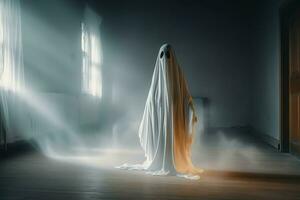 Human in spooky ghosts costume flying inside the old house at night. Spooky halloween background with ghost. Ghost on halloween celebration concept by AI generated photo