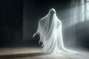 Human in spooky ghosts costume flying inside the old house at night. Spooky halloween background with ghost. Ghost on halloween celebration concept by AI generated photo