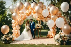 a bride and groom are standing under a large balloon arch. AI-Generated photo