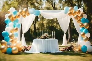 a wedding ceremony with blue and gold balloons. AI-Generated photo