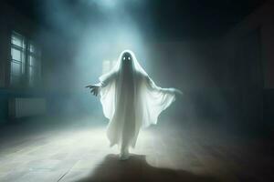 Human in spooky ghosts costume flying inside the old house at night. Spooky halloween background with ghost. Ghost on halloween celebration concept by AI generated photo