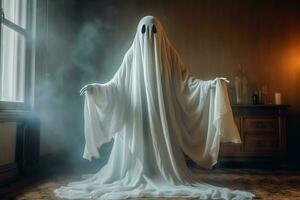 Human in spooky ghosts costume flying inside the old house at night. Spooky halloween background with ghost. Ghost on halloween celebration concept by AI generated photo