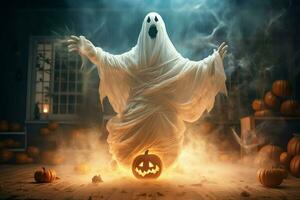 Human in spooky ghosts costume flying inside the old house at night. Spooky halloween background with ghost. Ghost on halloween celebration concept by AI generated photo