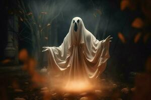 Human in spooky ghosts costume flying inside the old house at night. Spooky halloween background with ghost. Ghost on halloween celebration concept by AI generated photo