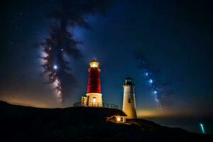 two lighthouses are lit up under the night sky. AI-Generated photo