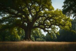 an oak tree in a field with grass and trees. AI-Generated photo