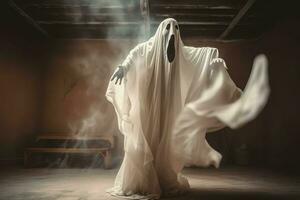 Human in spooky ghosts costume flying inside the old house at night. Spooky halloween background with ghost. Ghost on halloween celebration concept by AI generated photo