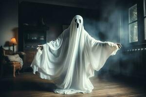 Human in spooky ghosts costume flying inside the old house at night. Spooky halloween background with ghost. Ghost on halloween celebration concept by AI generated photo