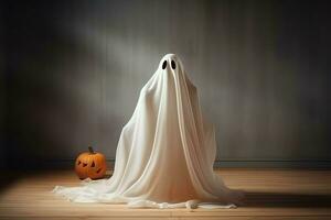 Human in spooky ghosts costume flying inside the old house at night. Spooky halloween background with ghost. Ghost on halloween celebration concept by AI generated photo