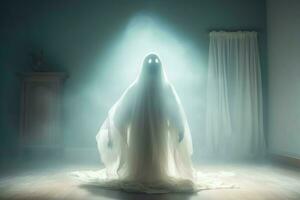 Human in spooky ghosts costume flying inside the old house at night. Spooky halloween background with ghost. Ghost on halloween celebration concept by AI generated photo