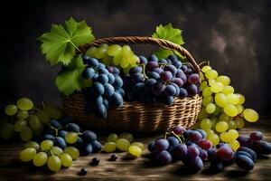 grapes in a basket on a table with dark background. AI-Generated photo