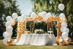 a wedding table covered in gold and white balloons. AI-Generated photo