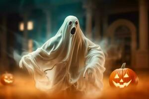 Human in spooky ghosts costume flying inside the old house at night. Spooky halloween background with ghost. Ghost on halloween celebration concept by AI generated photo