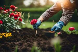 a person in gloves and blue gloves is planting flowers in a garden. AI-Generated photo