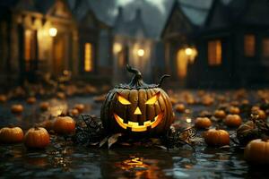 Scary pumpkin and house in night of full moon on halloween celebration concept. Spooky halloween background with pumpkin. Dirty house and pumpkin on halloween celebration concept by AI generated photo