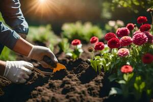 a person is using a shovel to dig dirt in a garden. AI-Generated photo