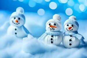 three snowmen are sitting on a snow covered surface. AI-Generated photo