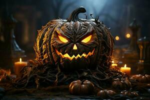 Scary pumpkin and house in night of full moon on halloween celebration concept. Spooky halloween background with pumpkin. Dirty house and pumpkin on halloween celebration concept by AI generated photo