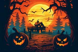 Scary pumpkin and house in night of full moon on halloween celebration concept. Spooky halloween background with pumpkin. Dirty house and pumpkin on halloween celebration concept by AI generated photo
