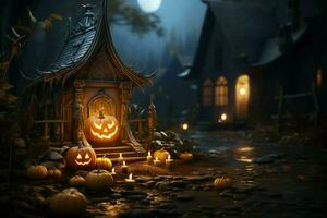 Scary pumpkin and house in night of full moon on halloween celebration concept. Spooky halloween background with pumpkin. Dirty house and pumpkin on halloween celebration concept by AI generated photo