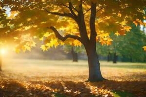 otoño hojas en el suelo en un parque. generado por ai foto