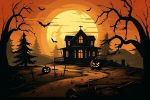 Scary pumpkin and house in night of full moon on halloween celebration concept. Spooky halloween background with pumpkin. Dirty house and pumpkin on halloween celebration concept by AI generated photo