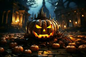 Scary pumpkin and house in night of full moon on halloween celebration concept. Spooky halloween background with pumpkin. Dirty house and pumpkin on halloween celebration concept by AI generated photo