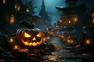 Scary pumpkin and house in night of full moon on halloween celebration concept. Spooky halloween background with pumpkin. Dirty house and pumpkin on halloween celebration concept by AI generated photo