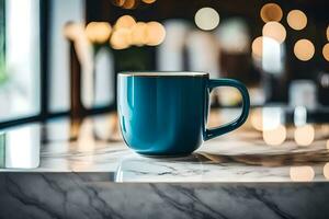 blue coffee mug on marble countertop. AI-Generated photo