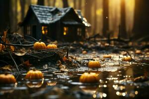 Scary pumpkin and house in night of full moon on halloween celebration concept. Spooky halloween background with pumpkin. Dirty house and pumpkin on halloween celebration concept by AI generated photo