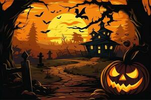 Scary pumpkin and house in night of full moon on halloween celebration concept. Spooky halloween background with pumpkin. Dirty house and pumpkin on halloween celebration concept by AI generated photo