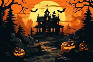 Scary pumpkin and house in night of full moon on halloween celebration concept. Spooky halloween background with pumpkin. Dirty house and pumpkin on halloween celebration concept by AI generated photo