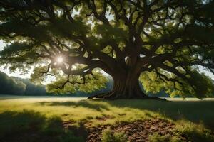 the sun shines through the branches of an old oak tree. AI-Generated photo