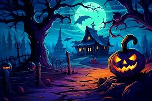Scary pumpkin and house in night of full moon on halloween celebration concept. Spooky halloween background with pumpkin. Dirty house and pumpkin on halloween celebration concept by AI generated photo