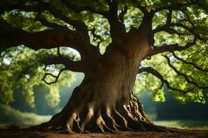 un grande árbol con raíces en el suciedad. generado por ai foto
