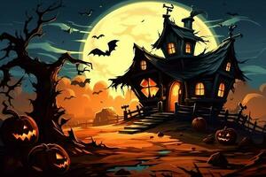 Scary pumpkin and house in night of full moon on halloween celebration concept. Spooky halloween background with pumpkin. Dirty house and pumpkin on halloween celebration concept by AI generated photo