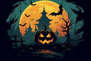 Scary pumpkin and house in night of full moon on halloween celebration concept. Spooky halloween background with pumpkin. Dirty house and pumpkin on halloween celebration concept by AI generated photo