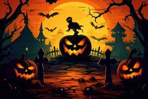 Scary pumpkin and house in night of full moon on halloween celebration concept. Spooky halloween background with pumpkin. Dirty house and pumpkin on halloween celebration concept by AI generated photo