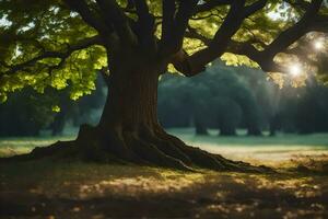 un árbol con raíces en el césped. generado por ai foto