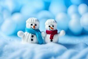 two snowmen are standing in the snow. AI-Generated photo