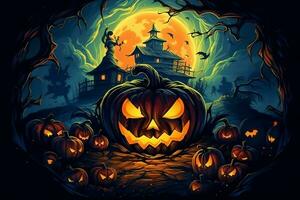 Scary pumpkin and house in night of full moon on halloween celebration concept. Spooky halloween background with pumpkin. Dirty house and pumpkin on halloween celebration concept by AI generated photo