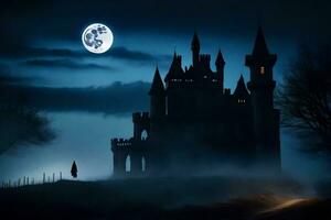 a castle in the fog with a full moon. AI-Generated photo