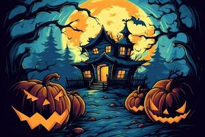 Scary pumpkin and house in night of full moon on halloween celebration concept. Spooky halloween background with pumpkin. Dirty house and pumpkin on halloween celebration concept by AI generated photo