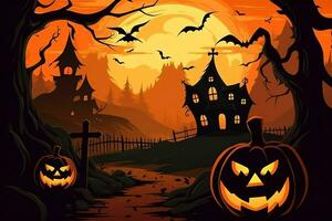 Scary pumpkin and house in night of full moon on halloween celebration concept. Spooky halloween background with pumpkin. Dirty house and pumpkin on halloween celebration concept by AI generated photo