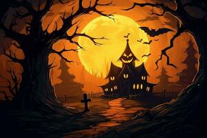 Scary pumpkin and house in night of full moon on halloween celebration concept. Spooky halloween background with pumpkin. Dirty house and pumpkin on halloween celebration concept by AI generated photo