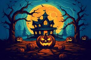 Scary pumpkin and house in night of full moon on halloween celebration concept. Spooky halloween background with pumpkin. Dirty house and pumpkin on halloween celebration concept by AI generated photo