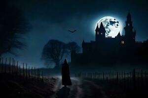 a man in a cloak walks down a path in front of a castle. AI-Generated photo
