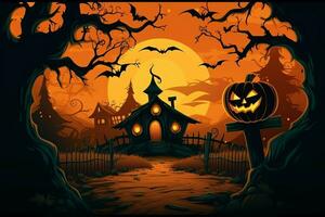 Scary pumpkin and house in night of full moon on halloween celebration concept. Spooky halloween background with pumpkin. Dirty house and pumpkin on halloween celebration concept by AI generated photo