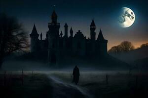 a man walks through a foggy field at night with a castle in the background. AI-Generated photo